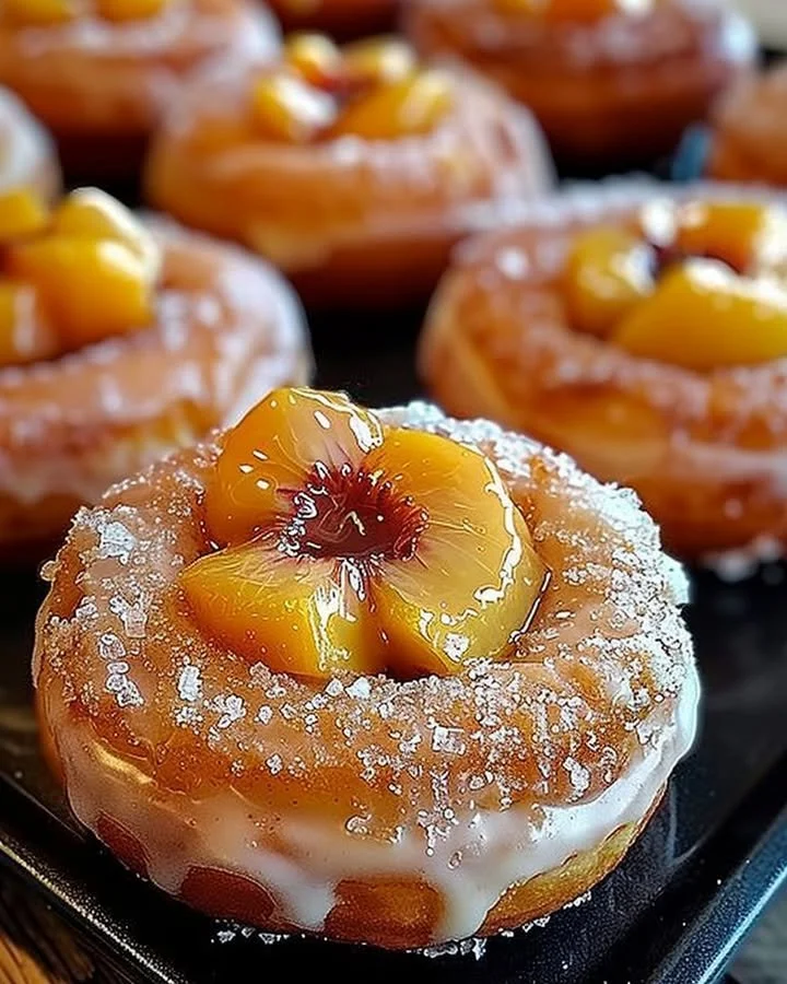 Delicious Peach Cobbler Cheesecake Donuts with fresh peaches and creamy cheesecake filling