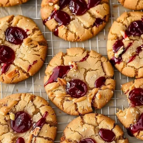 Peanut Butter and Jelly Cookies fresh out of the oven on a cooling rack