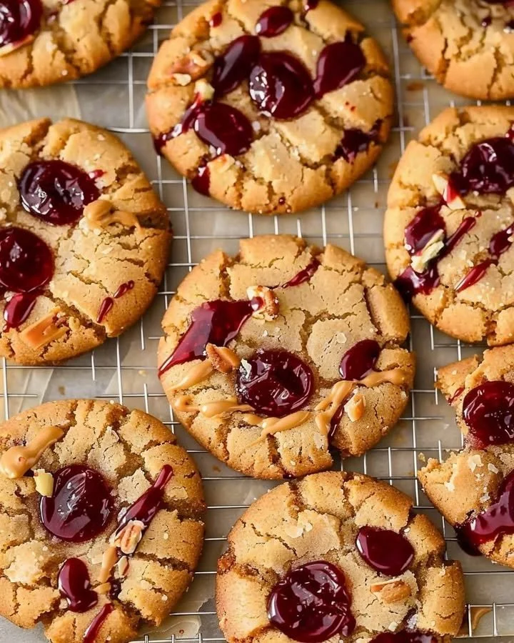Peanut Butter and Jelly Cookies fresh out of the oven on a cooling rack