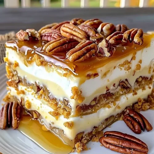 Layers of homemade pecan pie lasagna with creamy filling and crunchy pecans
