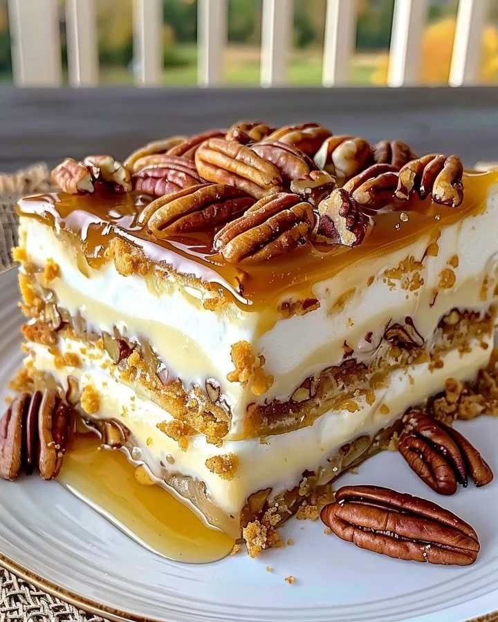 Layers of homemade pecan pie lasagna with creamy filling and crunchy pecans