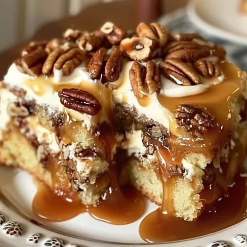 Delicious Pecan Praline Poke Cake topped with caramel and pecans.