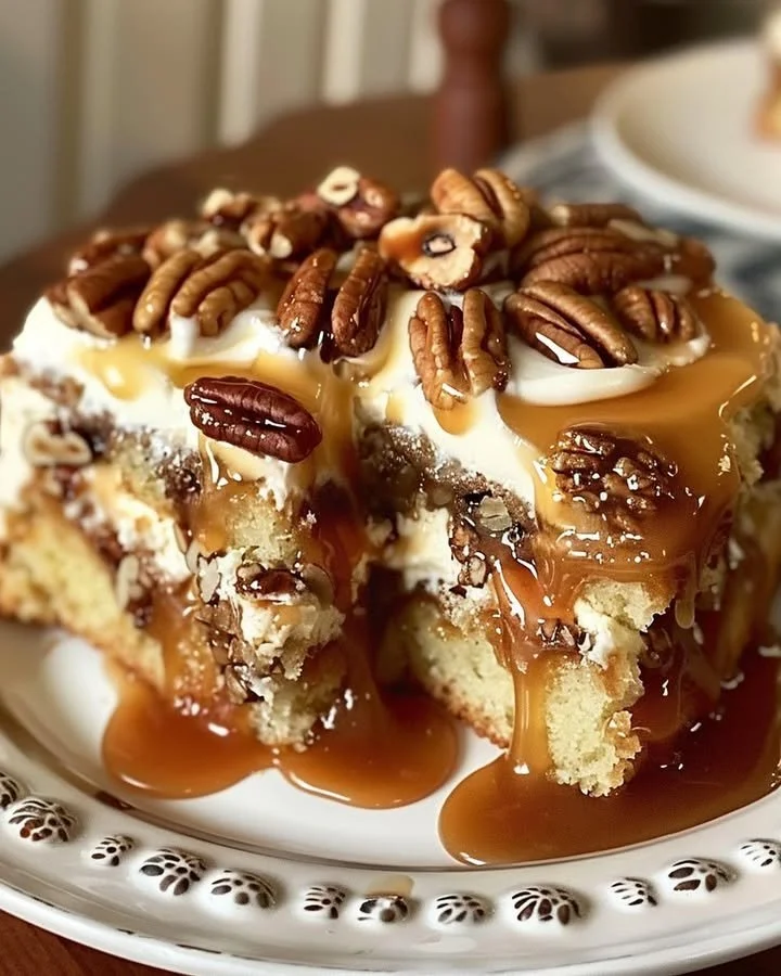 Delicious Pecan Praline Poke Cake topped with caramel and pecans.