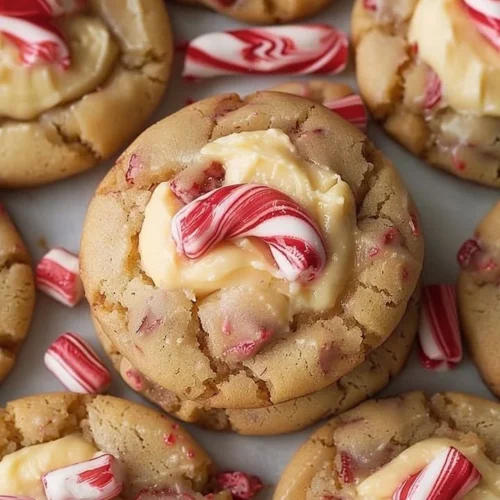 Peppermint cheesecake cookies on a plate with festive decorations