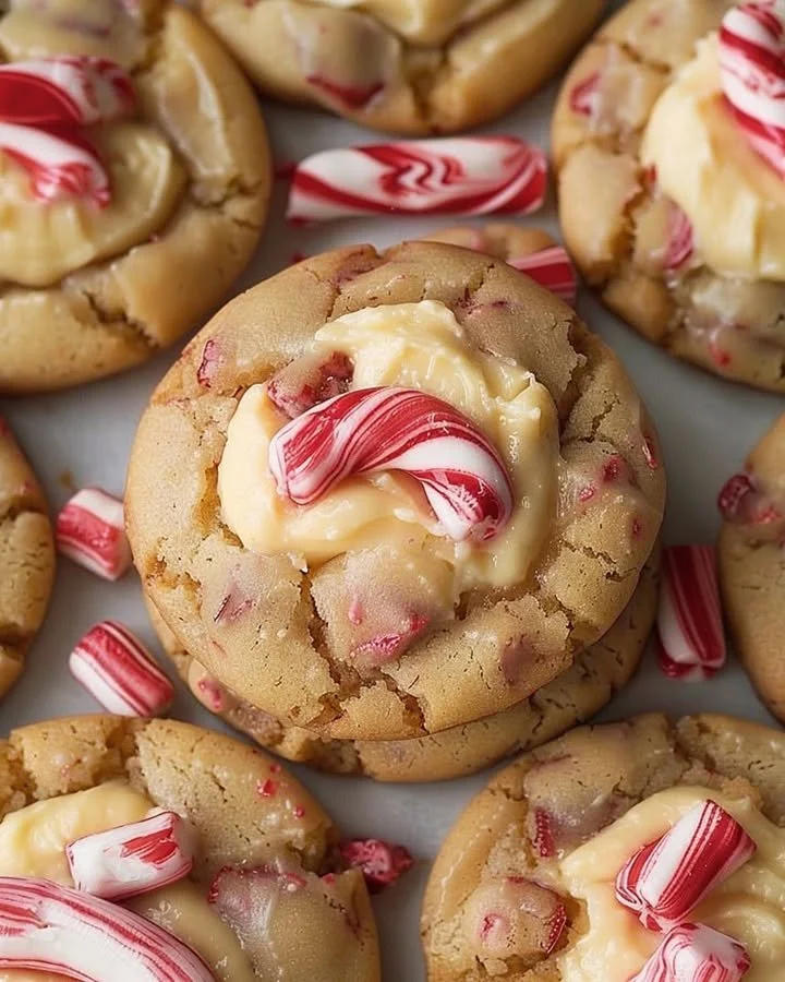 Peppermint cheesecake cookies on a plate with festive decorations