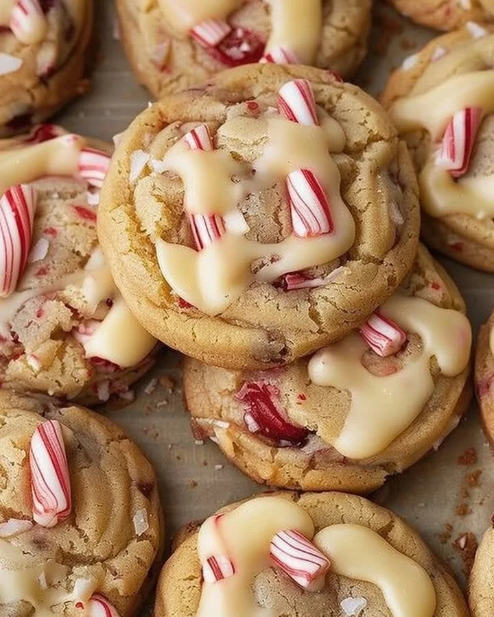 Peppermint cheesecake cookies decorated with crushed candy canes