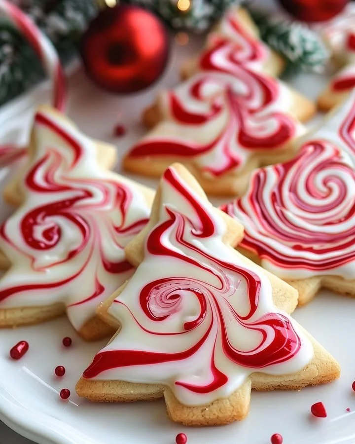 Peppermint red and white swirl tree cookies decorated for the holidays