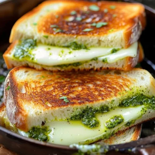 Delicious Pesto Grilled Cheese sandwich with melted cheese and basil pesto