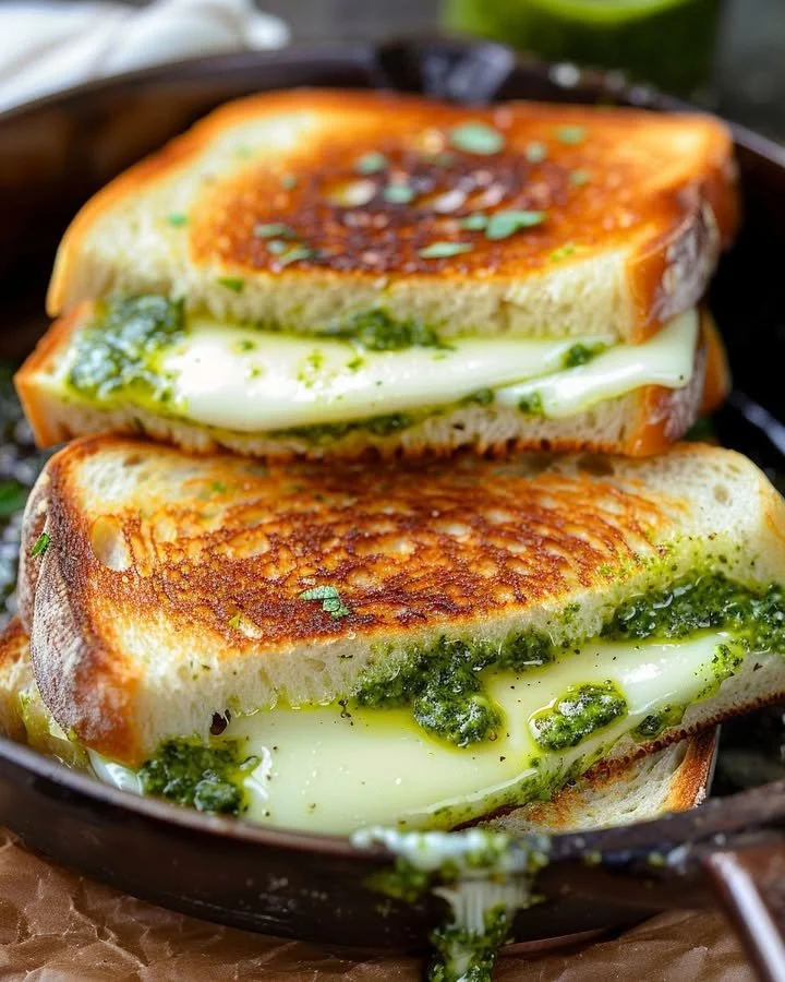 Delicious Pesto Grilled Cheese sandwich with melted cheese and basil pesto