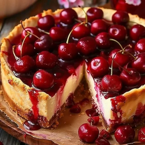 Delicious slice of Philadelphia Cherry Cheesecake topped with cherries.