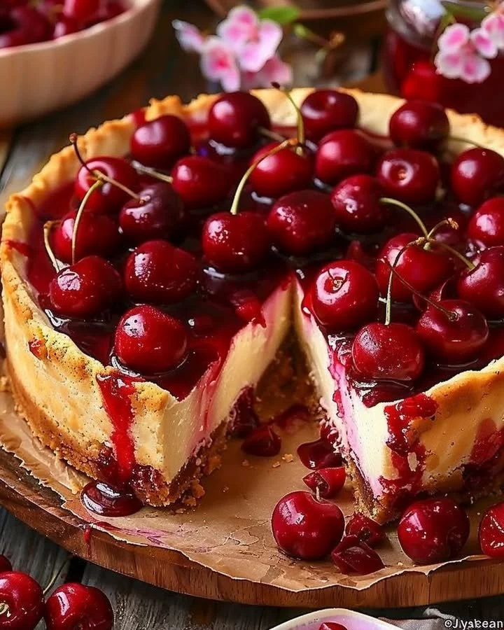 Delicious slice of Philadelphia Cherry Cheesecake topped with cherries.
