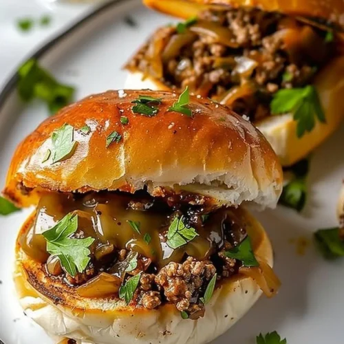 Delicious Philly Cheesesteak Sloppy Joes on a plate