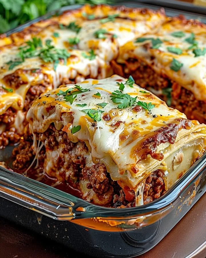 Pillsbury Crescent Roll Taco Bake topped with cheese and taco ingredients