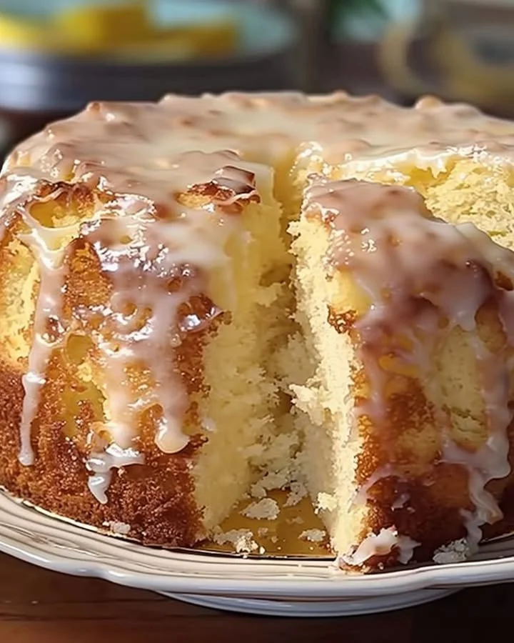 Delicious Pina Colada Pound Cake topped with pineapple and coconut frosting