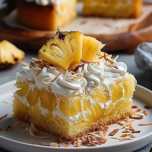 Delicious Pineapple Coconut Cake with fresh pineapple and coconut flakes