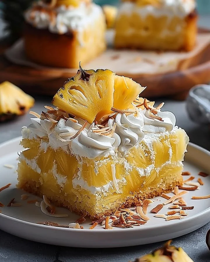 Delicious Pineapple Coconut Cake with fresh pineapple and coconut flakes