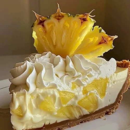 Delicious Pineapple Cream Cheese Pie topped with whipped cream and pineapple slices