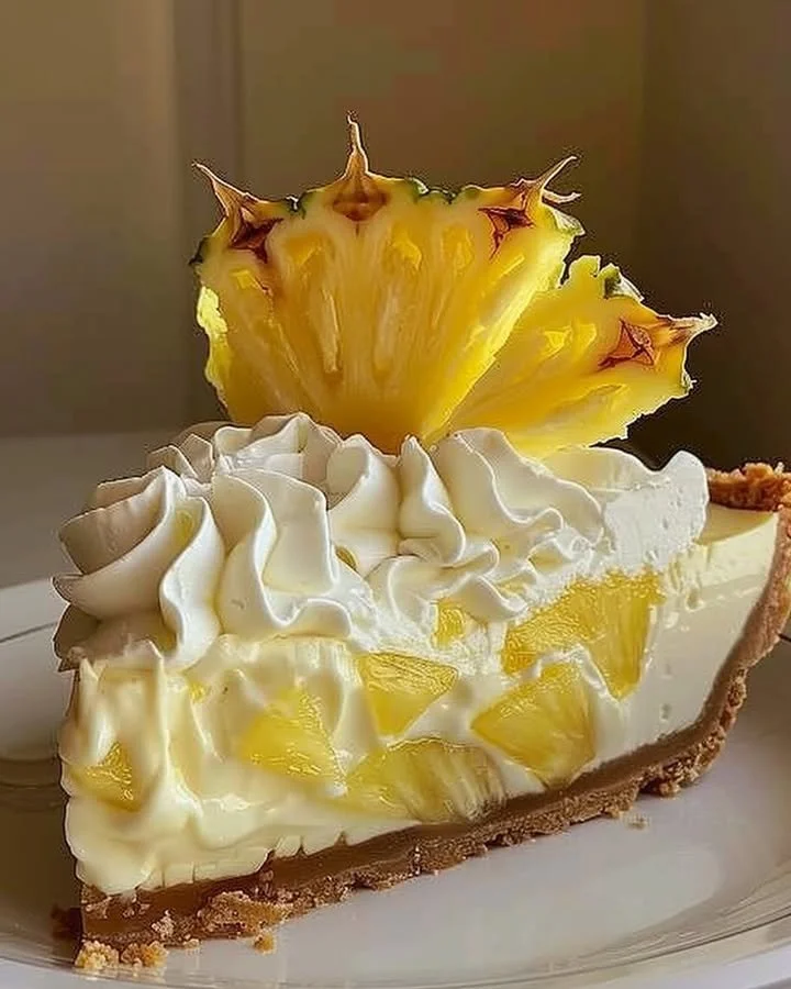 Delicious Pineapple Cream Cheese Pie topped with whipped cream and pineapple slices