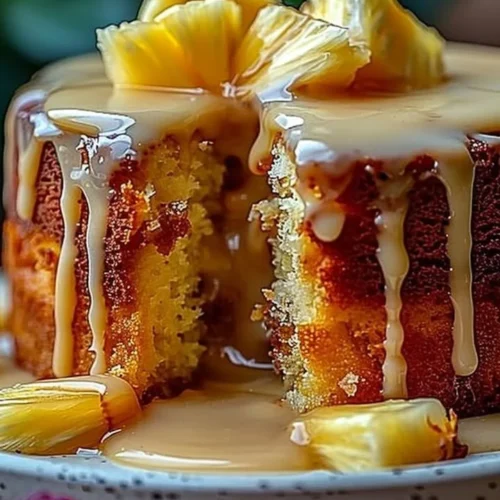 Delicious Pineapple Heaven Cake topped with fresh pineapple slices and whipped cream.