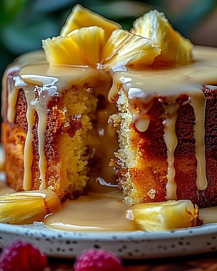 Delicious Pineapple Heaven Cake topped with fresh pineapple slices and whipped cream.