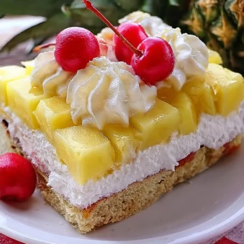 Delicious Pineapple Heaven Cake topped with fresh pineapple slices and whipped cream