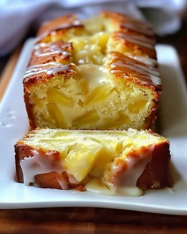 Delicious slice of homemade pineapple quick bread on a wooden table