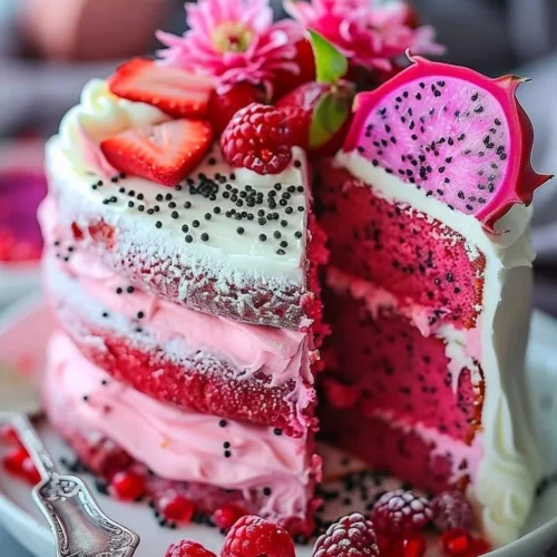 Delicious Pink Dragon Fruit Layer Cake with vibrant layers and creamy frosting