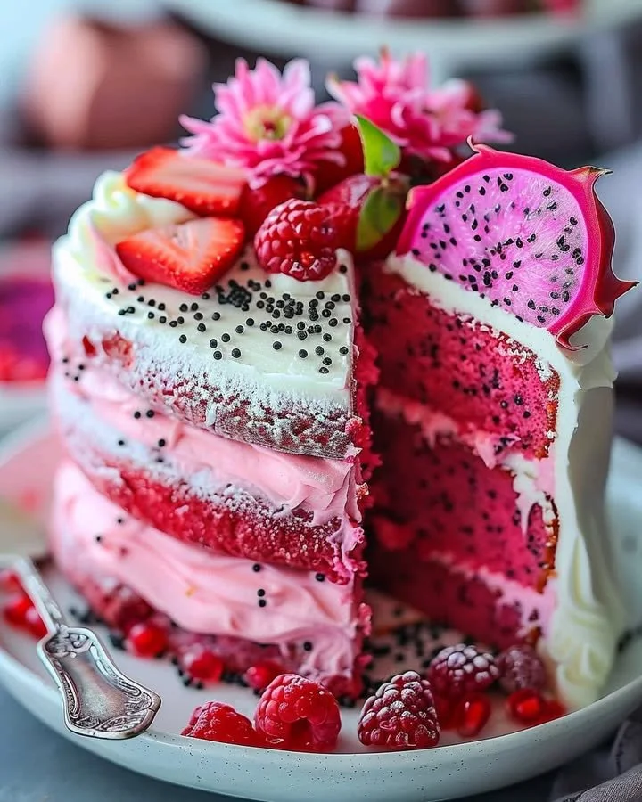 Delicious Pink Dragon Fruit Layer Cake with vibrant layers and creamy frosting