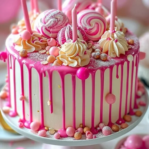 Delicious Pink Drip Cake decorated with pink frosting and chocolate drizzle