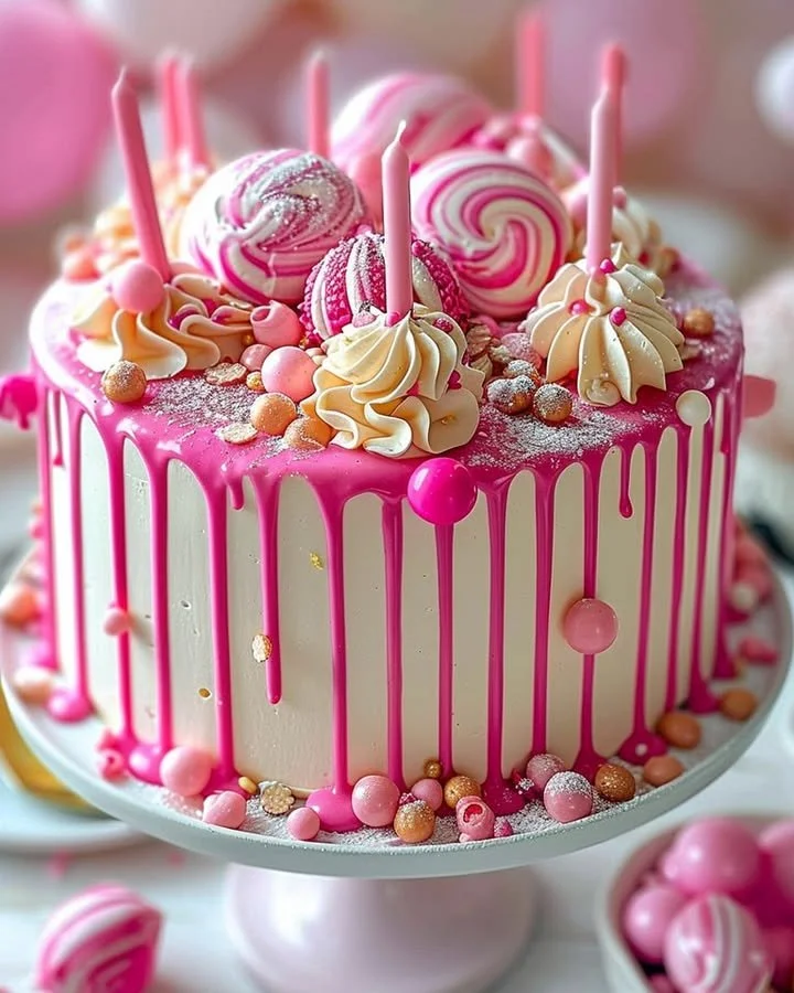 Delicious Pink Drip Cake decorated with pink frosting and chocolate drizzle