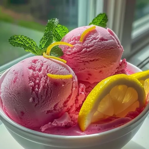 Refreshing pink lemonade sorbet dessert in a vibrant pink bowl.