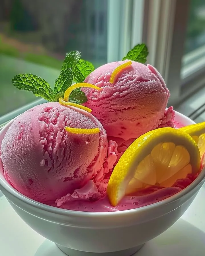 Refreshing pink lemonade sorbet dessert in a vibrant pink bowl.