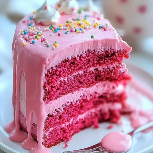 A decadent slice of Pink Velvet Cake topped with cream cheese frosting and decorative sprinkles.