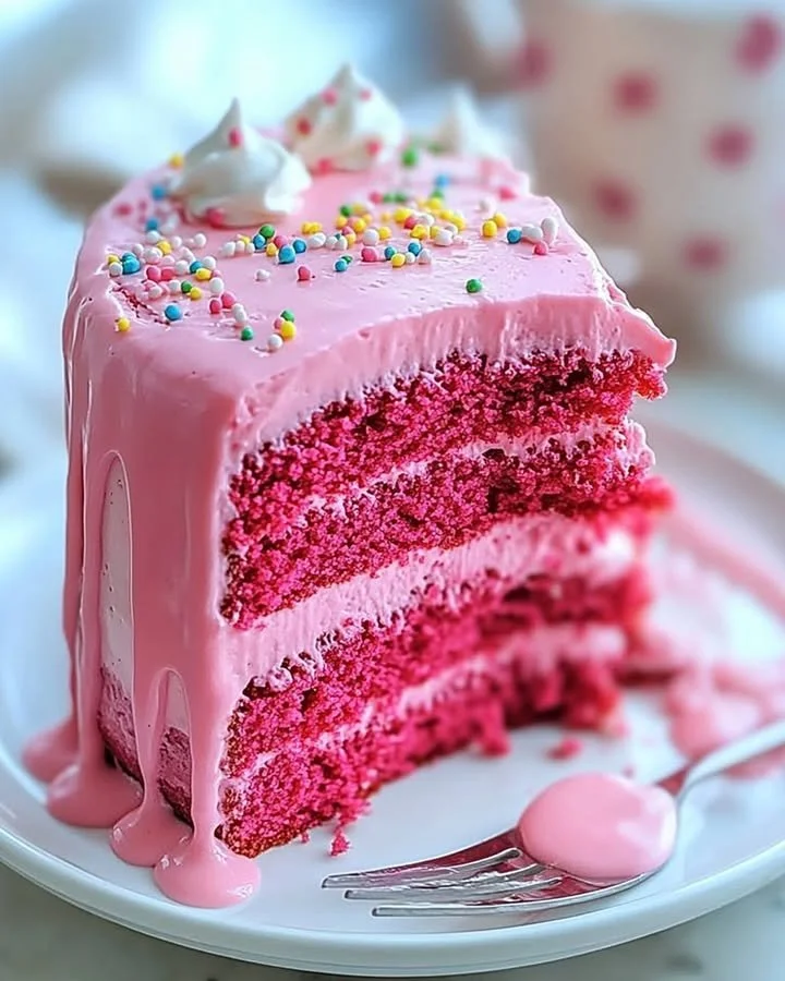A decadent slice of Pink Velvet Cake topped with cream cheese frosting and decorative sprinkles.