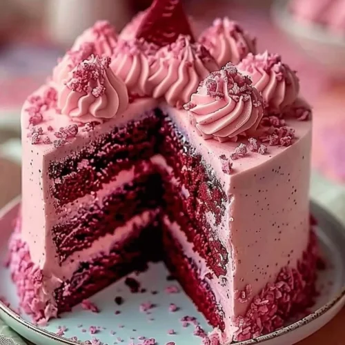 Slice of Pink Velvet Dream Cake with cream cheese frosting and sprinkles
