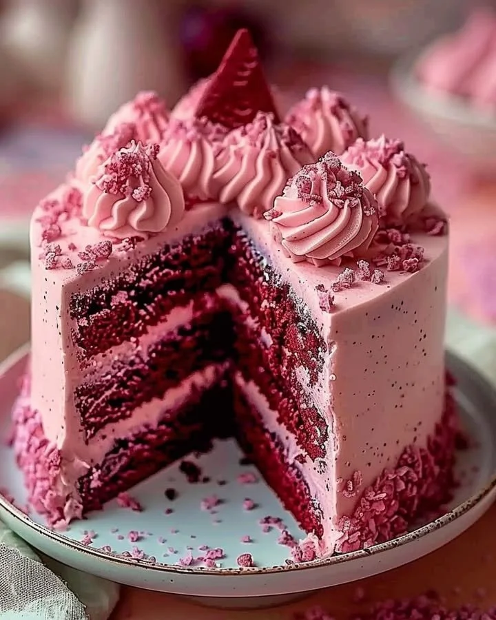 Slice of Pink Velvet Dream Cake with cream cheese frosting and sprinkles