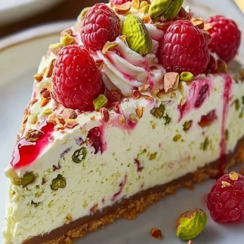 A slice of delicious Pistachio Raspberry Cheesecake on a white plate with fresh raspberries.