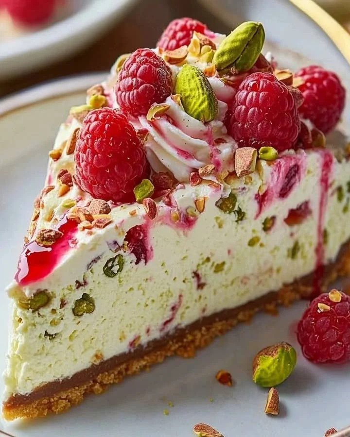 A slice of delicious Pistachio Raspberry Cheesecake on a white plate with fresh raspberries.