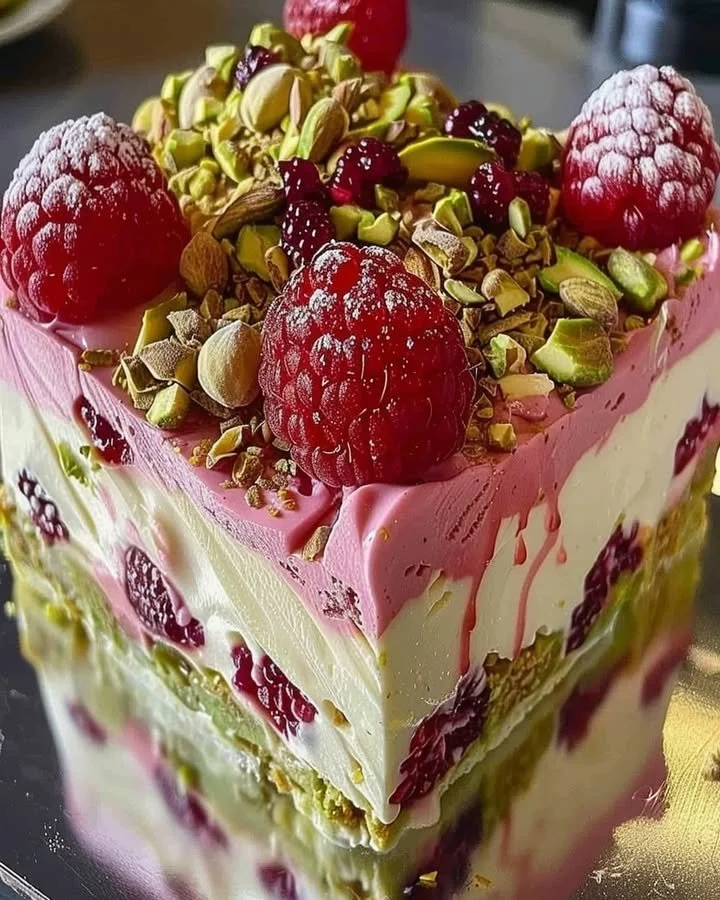 Delicious pistachio raspberry cheesecake topped with fresh raspberries