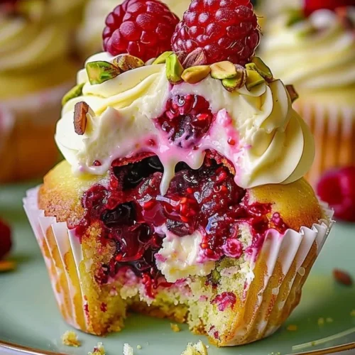 Pistachio Raspberry Cheesecake Cupcakes beautifully displayed on a plate