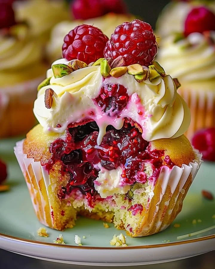 Pistachio Raspberry Cheesecake Cupcakes beautifully displayed on a plate