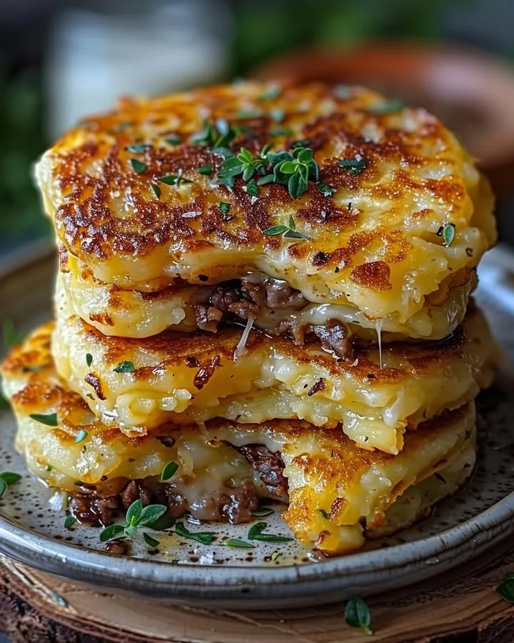 Potato pancakes topped with savory beef and melted cheese