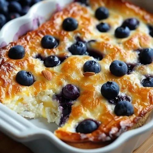 Delicious blueberry cottage cheese bake topped with fresh berries