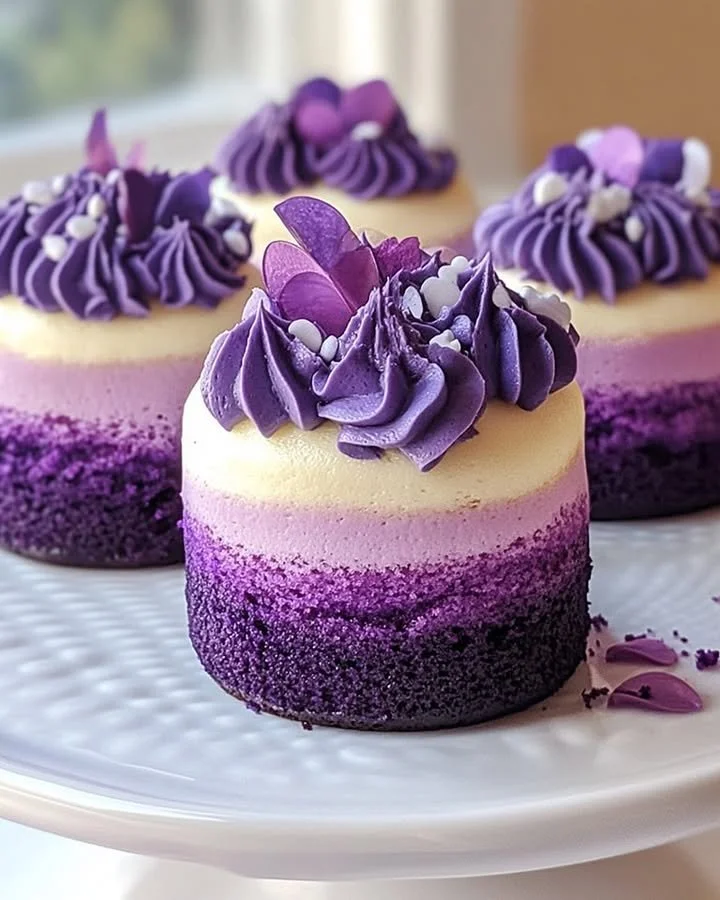 Purple ombre mini cakes beautifully decorated for celebrations