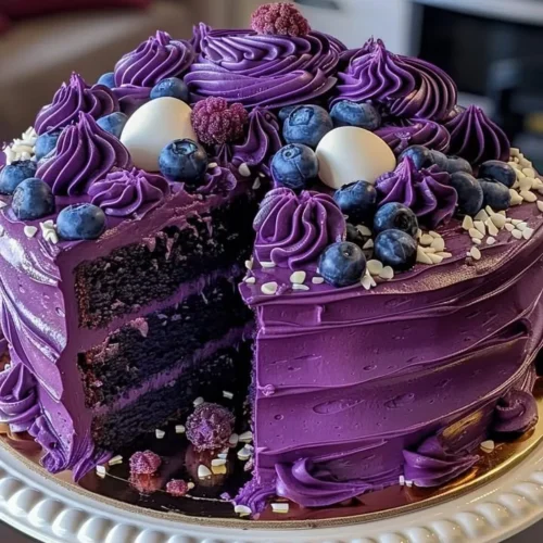 Slice of purple velvet cake topped with creamy frosting on a decorative plate.