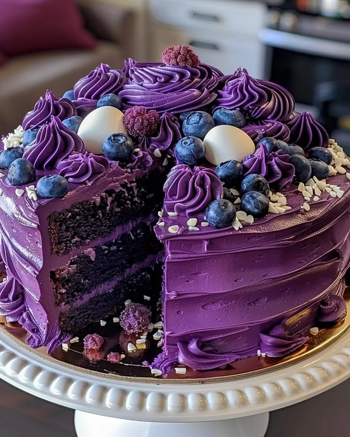 Slice of purple velvet cake topped with creamy frosting on a decorative plate.