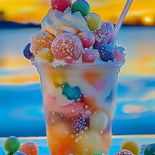 Colorful Rainbow Sherbet Float in a glass with a straw and toppings