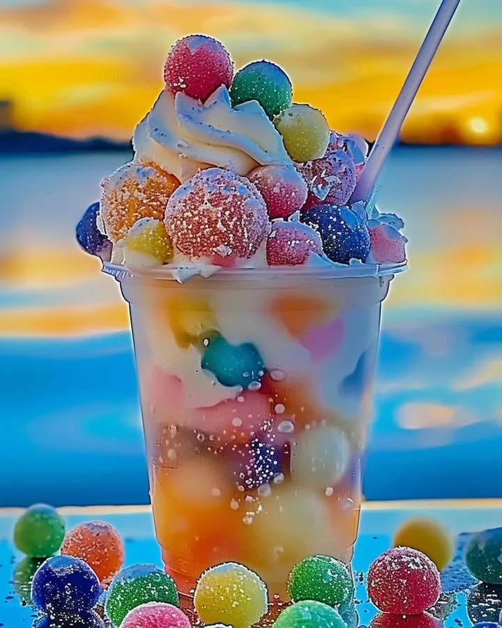 Colorful Rainbow Sherbet Float in a glass with a straw and toppings