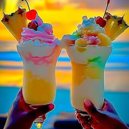 Rainbow Sherbet Piña Colada in a tropical glass garnished with fruit