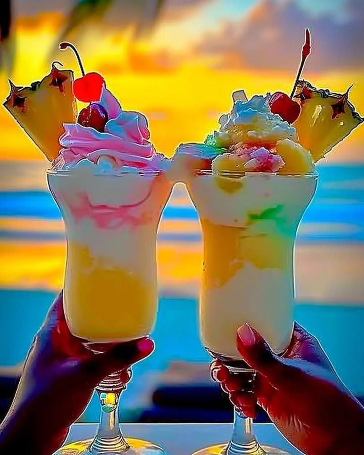Rainbow Sherbet Piña Colada in a tropical glass garnished with fruit